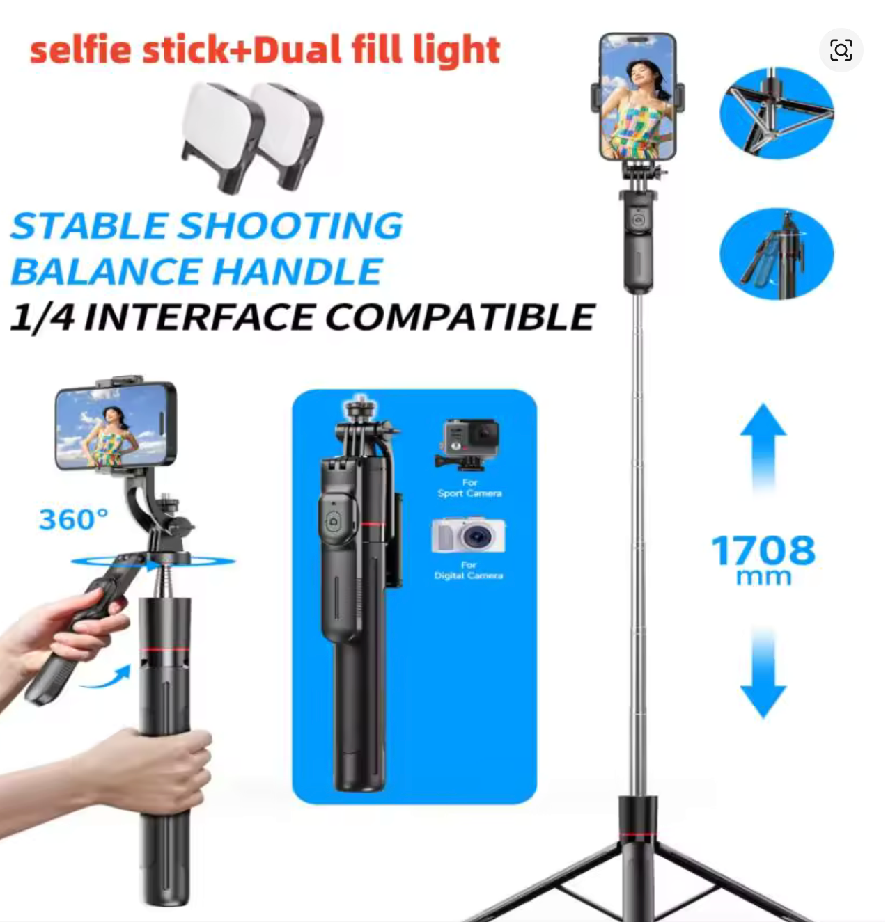 Selfie Stick Tripod 1708mm | Bluetooth Remote | Fill Light | 360° Rotation