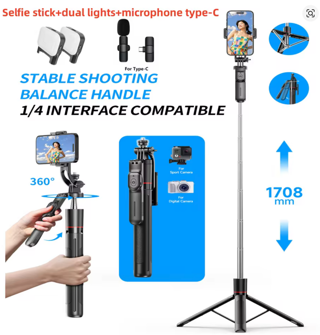 Selfie Stick Tripod 1708mm | Bluetooth Remote | Fill Light | 360° Rotation