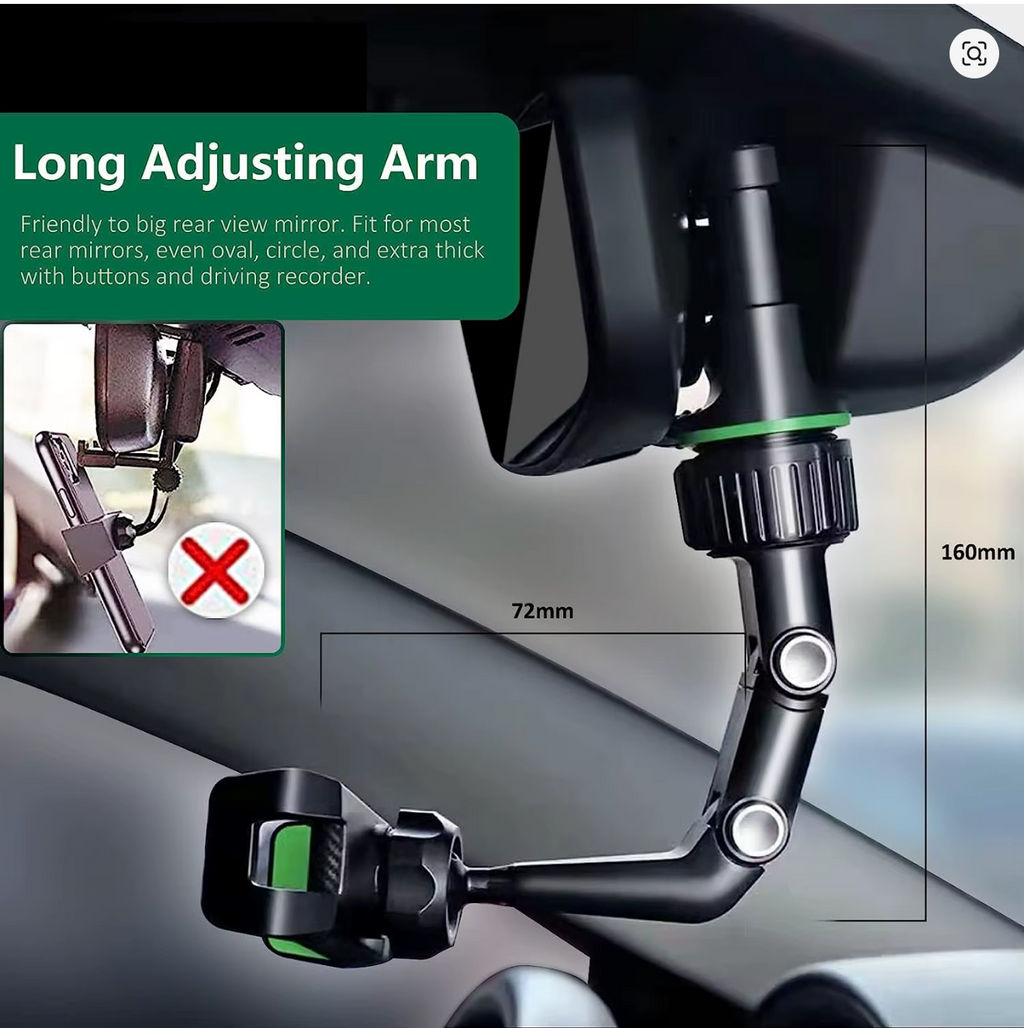Rearview Mirror Phone Holder 360° Rotatable and Retractable Car Phone Mount Multifunctional Rear View Mirror Holder for All Car
