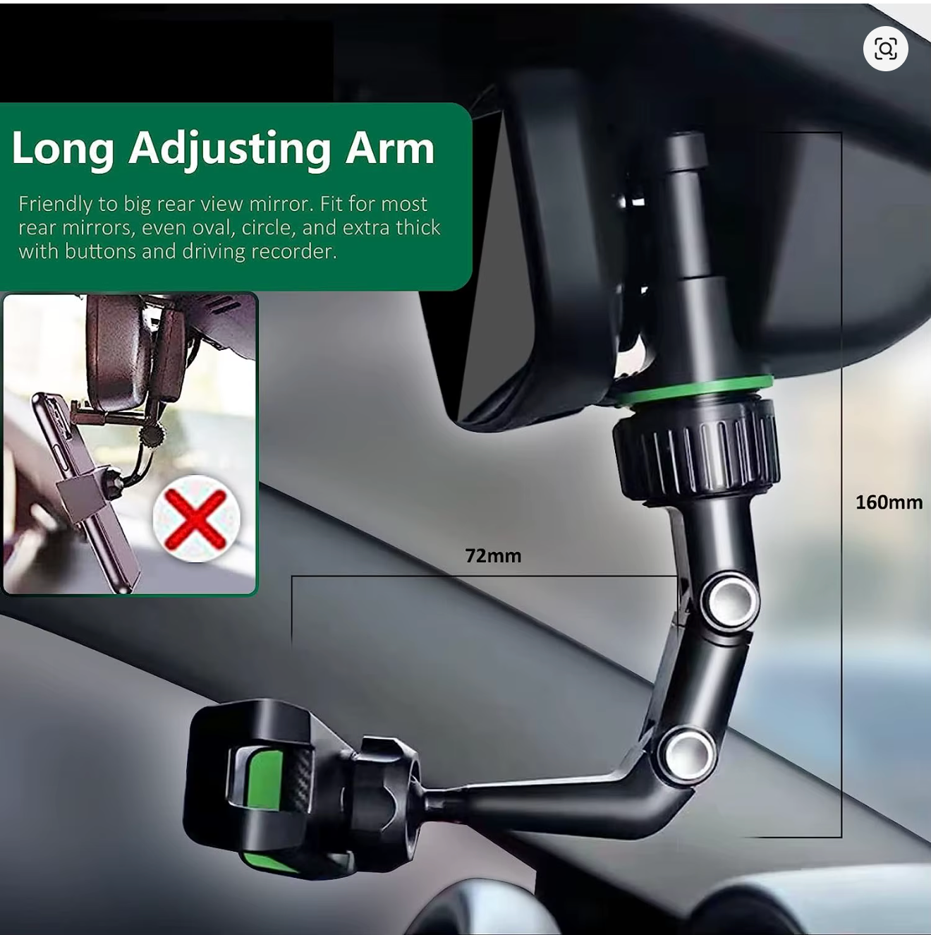 Rearview Mirror Phone Holder 360° Rotatable and Retractable Car Phone Mount Multifunctional Rear View Mirror Holder for All Car