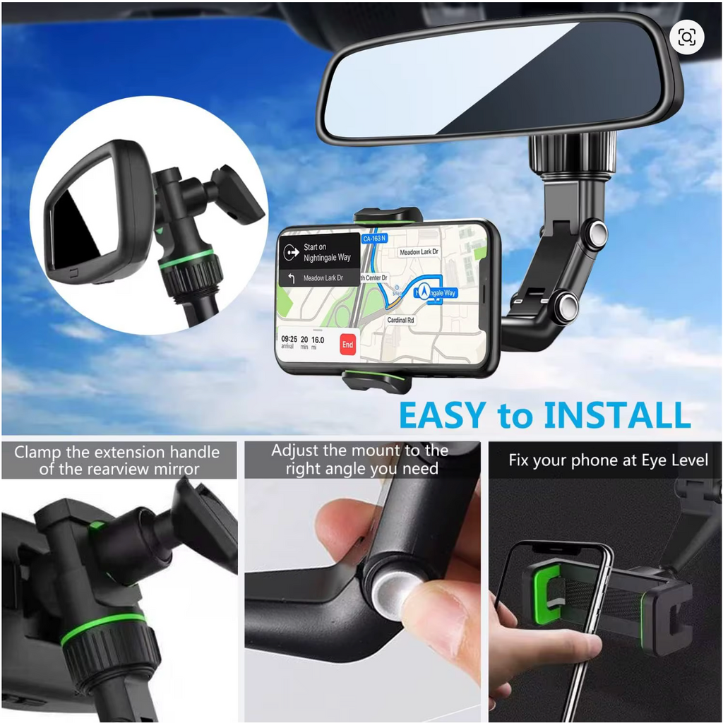 Rearview Mirror Phone Holder 360° Rotatable and Retractable Car Phone Mount Multifunctional Rear View Mirror Holder for All Car